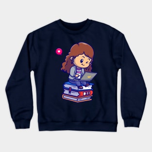 Cute Girl Playing Laptop On Book Cartoon Crewneck Sweatshirt